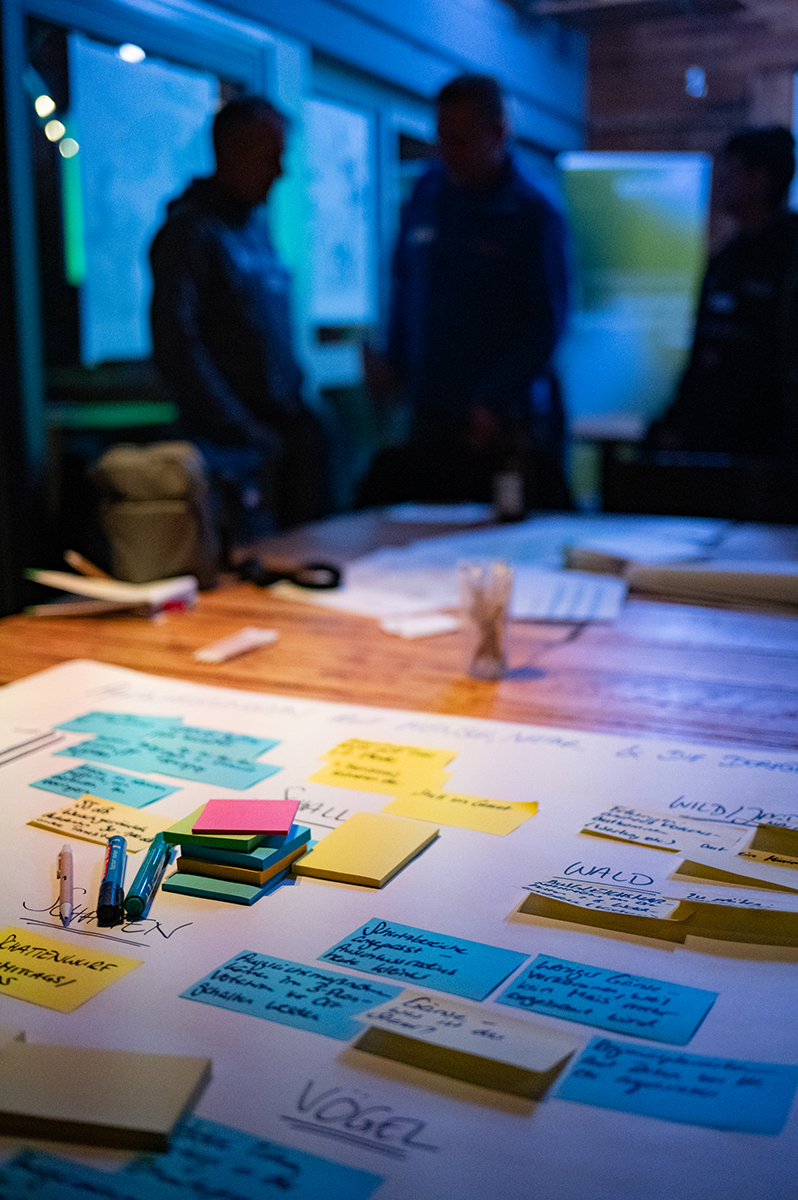 Ein Foto von einem Workshop. Im Vordergrund ein Plakat mit beschrifteten Post-Its und Stiften. Im Hintergrund Personen im Gespräch.